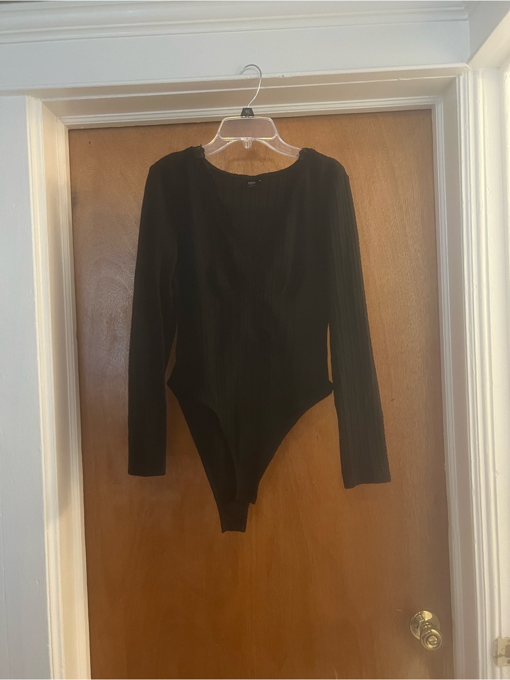 SHEIN Frenchy Women’s Black Ribbed Lace-Trim V-Neck Long Sleeve Bodysuit